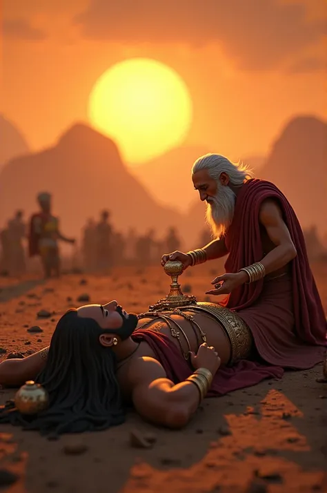 In cinematic 3 d cartoon style"Karna’s Charity and Death: Karna, the tragic hero, is lying on the battlefield after being struck down by Arjuna. Even in his final moments, he is shown giving alms to a disguised god in the form of an old man. His armor and ...