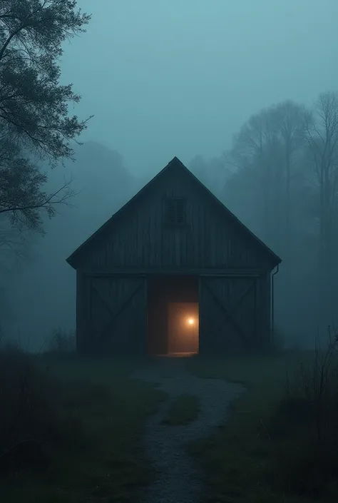 a barn with open doors, at night, forest behind, fog. low light