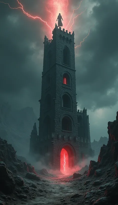 Create an evocative image that represents the Tarot card "Tower", inspired by the movie "The Keep" (1983). The image should capture the symbolism of the card and the atmosphere of the film..

Specific Details:

Tower:

Principal structure: It represents an...