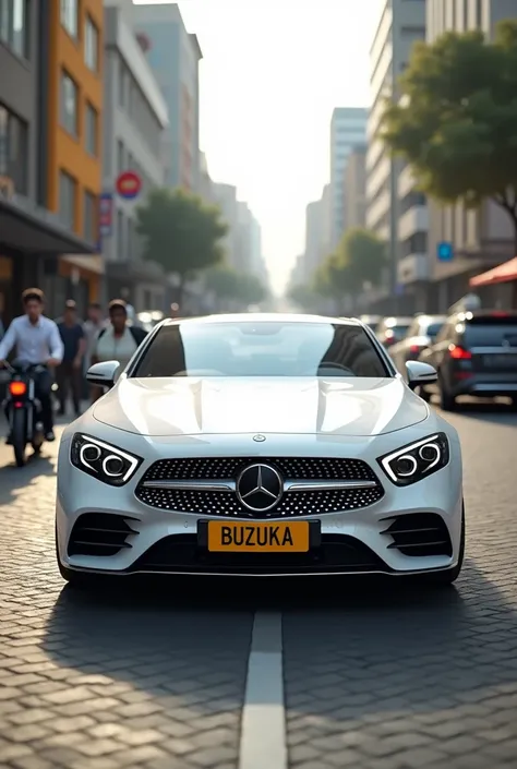 Create a 3D image of a white mercedes  benz a yellow license plate displaying the all capital latters name "BUZUKA" on dar es Salaam road