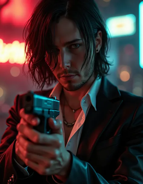 8k, masterpiece, best quality, hires, detailed, male focus, there is a man in a suit holding a gun in a room, glock 17 handgun, skinny male Hispanic, in cyberpunk style, cyberpunk style, hyperrealistic, wearing cyberpunk leather jacket, seductive cyberpunk...