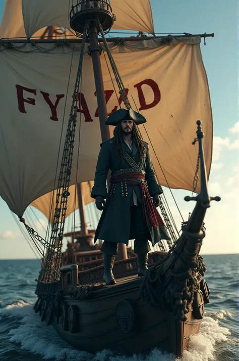 Jack Sparrow in a ship with FH Yazid written on the sails