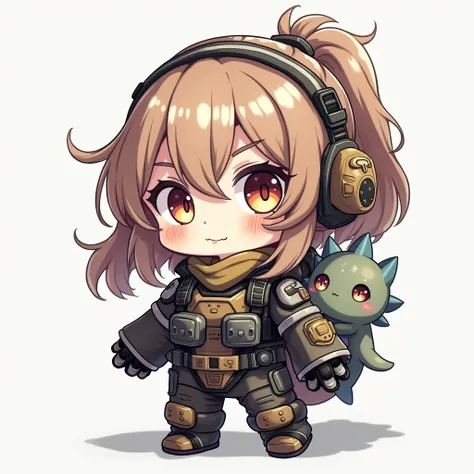 Adorable chibi with flowing hair, a determined look, dressed in tactical gear, with a tiny kaiju sidekick sitting on her shoulder.