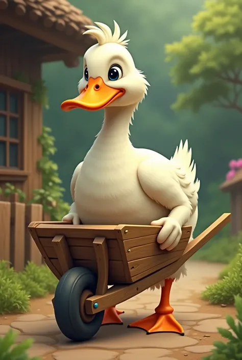 A duck carrying a wheelbarrow 

