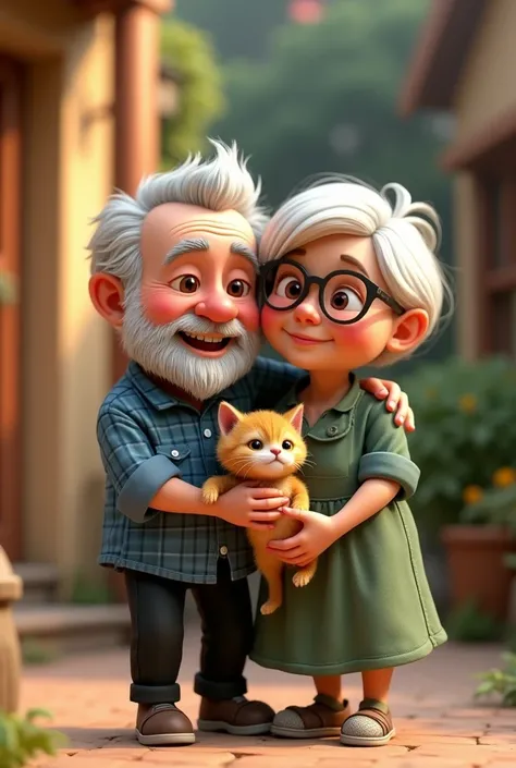 um velhinho de white hair, thin white beard, blue checkered shirt and black pants, a chubby old lady in a green dress, white hair, prescription glasses, with a kitten in the arms 3D cartoon style, cinematic