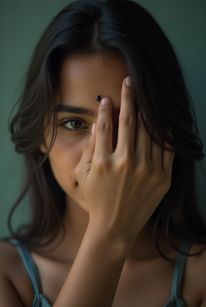 Indian girl teenager about 24 years, instagram profile picture covering 90% of the face with her hand, so if someone looks at the picture they will not be able to identify them. There should be any bindi on her face.