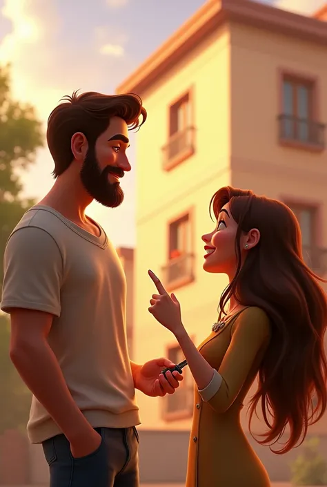 Disney Pixar Animated Image of Tall Handsome Man, pele white, passionate, bearded and brown-haired man with a house key in his hand, celebrating with a beautiful woman, white, with long brown hair pointing at a 4 story building, beige color