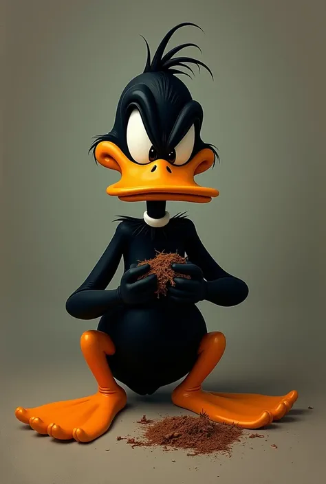 Daffy Duck from the cartoon, with a sad face chopping tobacco