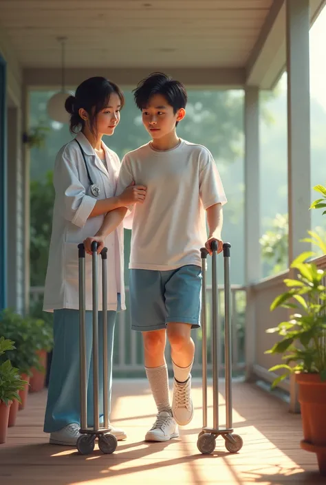 create the image of a Korean teenager he is walking with splints on his feet and arms he is walking on the parallel bars he is at home on the porch on the parallel bars with a doctor next to him 