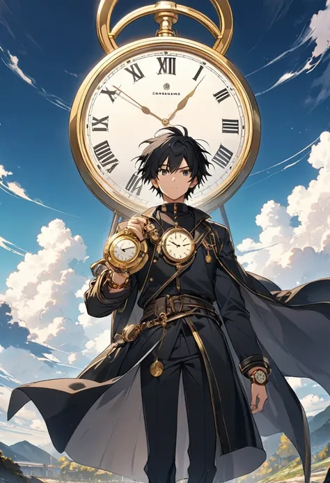 Anime, ,black hair, standing with big gold watch time,sky background 