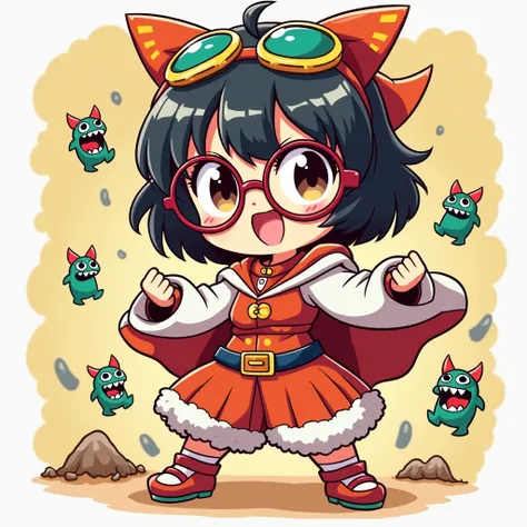 A cute chibi Miko with oversized glasses, her short hair styled playfully, wearing a colorful combat suit. She’s striking a heroic pose, surrounded by tiny kaiju footprints, with a cheerful expression that conveys determination and excitement. 