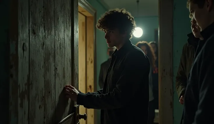 A close-up of the group standing in front of the old, decaying wooden door of the abandoned house. The camera focuses on the male with brown hair (Alex), as he reaches out to push open the door, his face showing forced confidence. The others stand behind h...