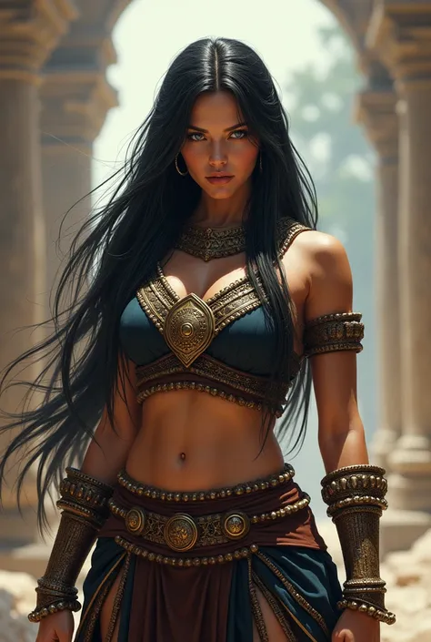 A woman in warrior attire, long black hair past the waist with curtain bangs, blue slanted eyes, brown skin, perfect face 