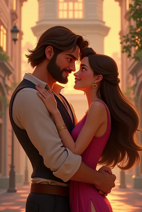 Disney Pixar Animated Image of Tall Handsome Man, pele white, passionate, with a beard and brown hair holding a beautiful woman on his lap, white, long brown hair holding a key with her arms up, near a 4-story building, beige color