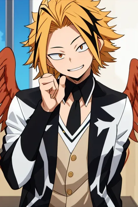 masterpiece, best quality, high quality, 1boy, solo, male focus, looking at viewer, upper body, kaminari_denki, blonde hair, multicolored_hair, falcon wings, young