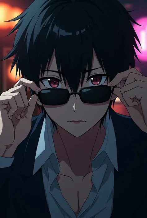 Inside a dimly lit bar, Close-up of the protagonist, The camera is at the subject&#39;s eye level, The protagonist takes off his sunglasses, Showing deep eyes, Showing his calm and composed side。, Soft lighting, anime style, UHD