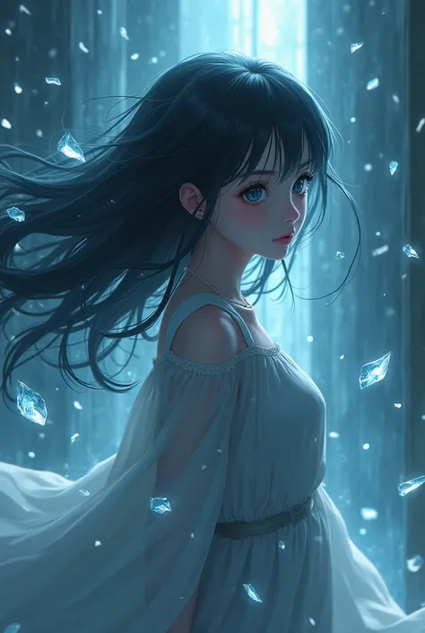 Anime girl with rain of glass shards 