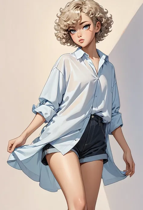 Femboy with short and curly hair, light skin complexion, wearing an oversized shirt, visible legs and feet, slightly curvy figure, very short hair, seductive eyes