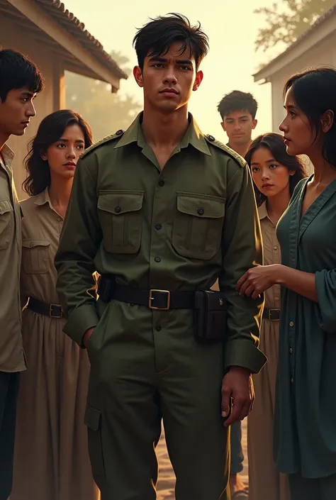 A young man dressed as a soldier who goes to war in front of his house saying goodbye to his  