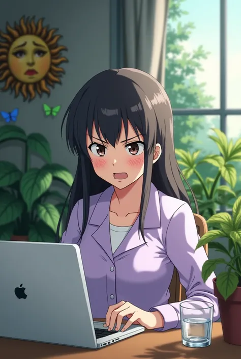 Mitsuha miyamizu with lavender outfit from your name wokring on mac laptop eye should  be on laptop  with angry expression  with glass of water  

And room should have plants and sun portrait with butterfly 

