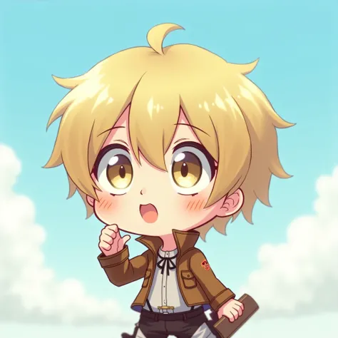 Chibi Armin, with big, curious eyes, holding a book in one hand and looking up at the sky, his hair styled in a messy way.

