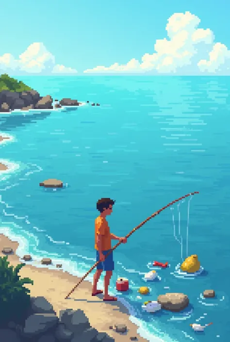 Pixel art with written text "fishing for trash" with an ocean in the background