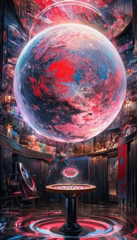 fusion of watercolor and oil painting, conceptual installation art, fusion of acrylic and collage paintings, high and fine artwork, the dark side of the moon, where there seems to be nothing, is filled with neon lights, casinos, red light districts, and a ...