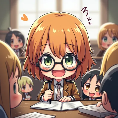 Chibi Hange, with glasses slightly askew, surrounded by cute mini titans, enthusiastically taking notes with a huge grin. Attack on titan