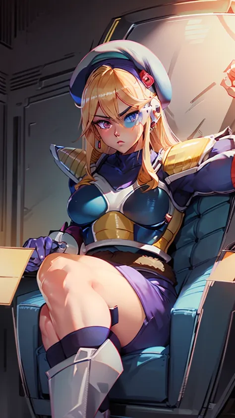 blonde girl with blue eyes , muscular abs, thick eyebrows,  eyeliner, raising right eyebrow, earrings , full body shot , serious expression , military beret, saiyan Scouter, saiyan armor, tinted eyewear, hand on face, sitting on chair, 8k 