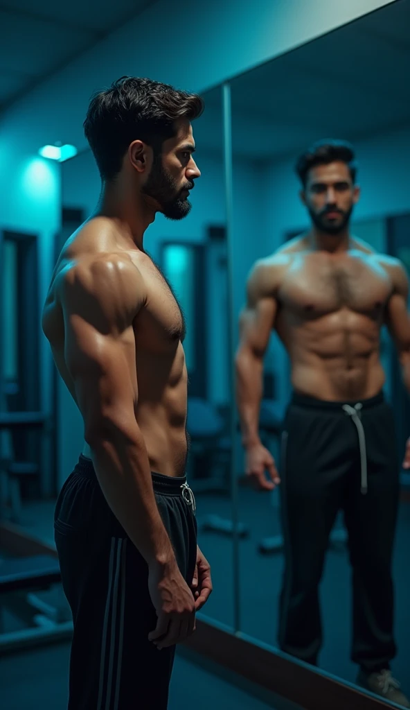 "An Indian girl, aged 26 -30 standing confidently in front of gym mirrors, showing his muscular transformation. His previous self, a less fit version, is reflected in the mirror behind him. The background has gym equipment slightly blurred, with cool light...