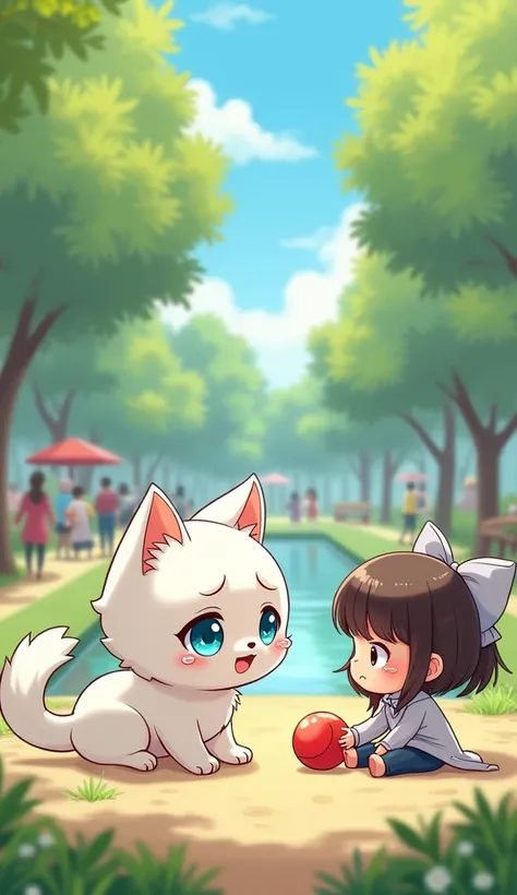 The cat named Luna has white fur and bright blue eyes, chibi design. Walking in the park with a lake, surrounded by people, in the afternoon, giving a red ball to a  girl who is sitting and crying.The child held the ball, smiled and nodded in thanks. 