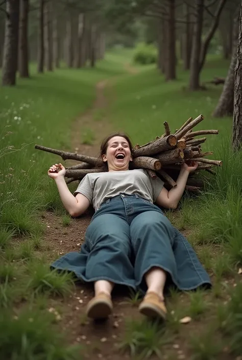 Woman on the ground of a hill laughing covered by wood, She was working carrying firewood and fell down. The most tragic photo 