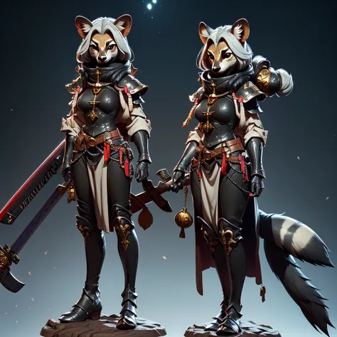 Wide-angle panorama，(Beautiful woman face:1.5), (Cute image standing all over the body:1.5), (raccoon-like furry body and raccoon’s paws:1.5), (Holding a heavy sword in her hand:1.2), (A plump chest), ( anime styled 3d:1.5), Metal armor skirt, Metal armor ...