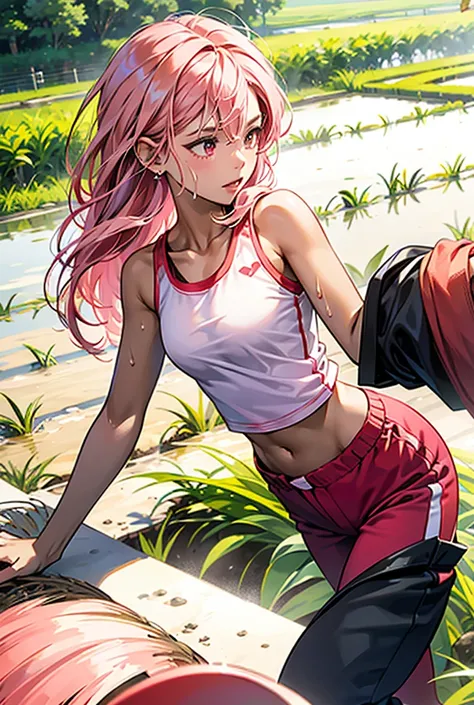 Rice Field Background, Red Tank Top, Short Pants, Pink Hair, Dark skin, Women Planting Rice, Summer Season, Sweat Body