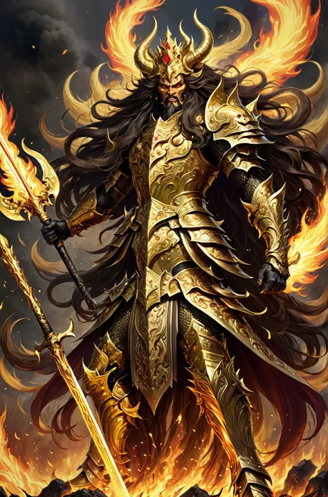 A majestic demon king with ten heads and twenty arms, each holding different weapons like swords and maces. He wears ornate golden armor and multiple crowns. His expression is one of pride and power, standing on a battlefield surrounded by flames. His long...