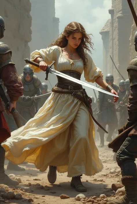  a girl in dress fighting in war with sword medieval times 
