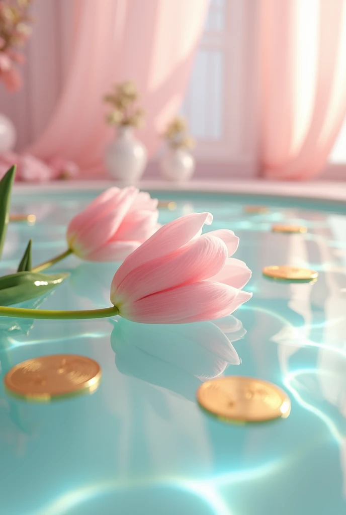 Imagine a wallpaper of tulips and gold coins in crystal clear water I want it to have a half pink effect but not too much, that the tulips are closed and the coins are a little big and scattered