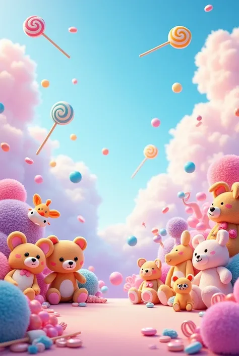 A background image for photography for Children&#39;s Day, toys, candies, Disney style lollipops and colorful clouds 