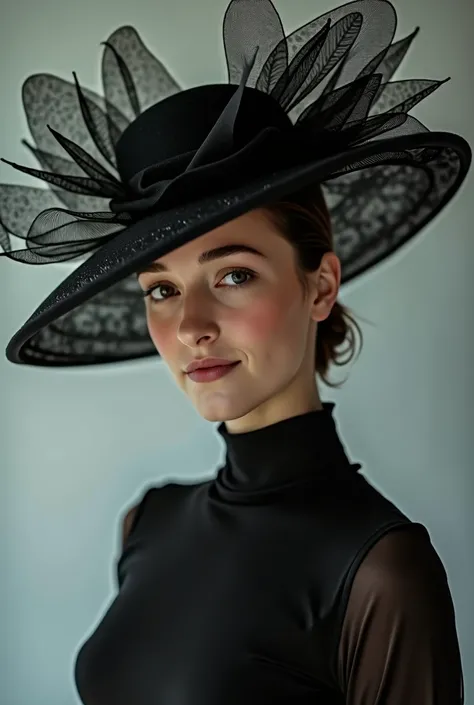 elegance and glamour a girl with an elegant black and white hat, mysterious and empowered, is symmetrical to the reference photograph, 4k quality image professional camera