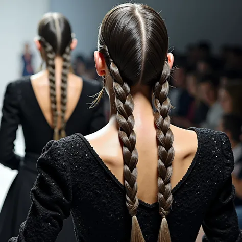 france inticate slick twin braid fashion show,80 years old indian 3 ladies as a participants kissing scalp keeping tongue out on the stage,with extrmely heavy oiled hair,intricately slick reverse twin braids flowing through the faces covering thier eyes,th...