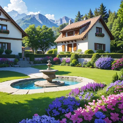 Masterpiece, best quality, high quality, 1 simple stone house in the middle of a garden, the Garden is full of Blue and Purple flowers, HD, 4K, house style in Switzerland, Birds flying in the air, sunny day