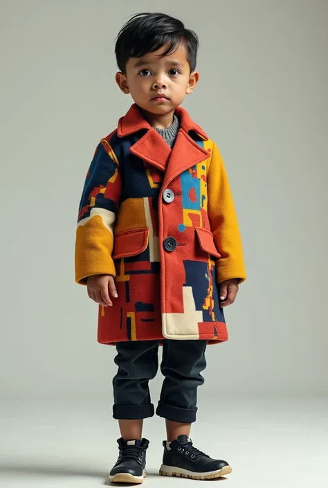 Serious child wearing a trendy printed coat.