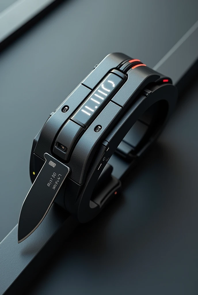 Create a bracelet with a built-in knife and screen. Image from directly above