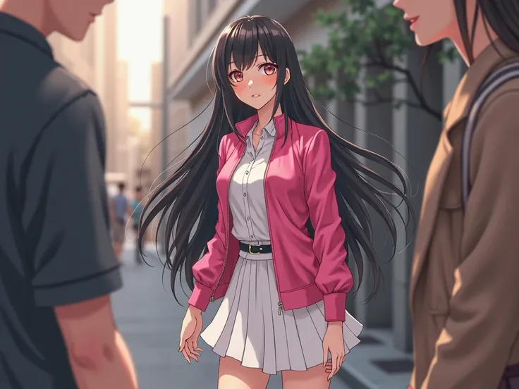 A high school student with long black hair wearing a white button-up shirt, Wear a white skirt、,Tighten your black belt、Wearing a collarless zippered dark shocking pink satin jacket。Healthy and slender bare legs in pink socks、Wearing white sneakers。She is ...