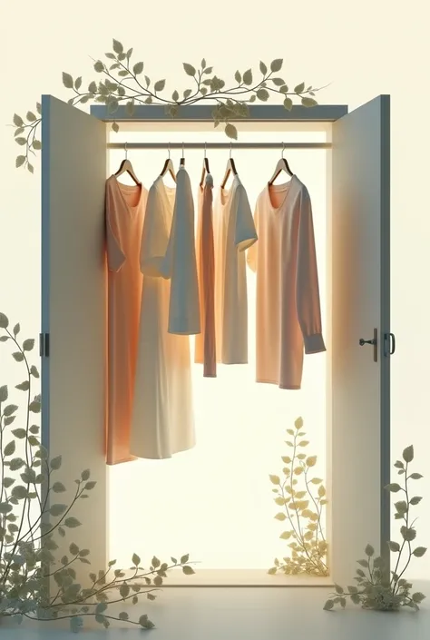 silhouette of an open closet, with some clothes hanging. You can include leaves or natural elements to highlight sustainability..

