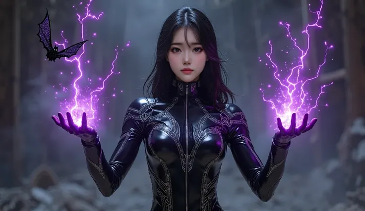 Korean white skin 1 girl wearing black power Ranger costume raising her arms up summoning legendary blackish purplish aura with a bat hologram her eye balls glowing purple