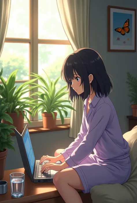 Mitsuha miyamizu with lavender outfit from your name wokring on mac laptop eye should  be on laptopol  with glass of water 

And room should have plants and sun portrait with butterfly 
Seating on bin bag
