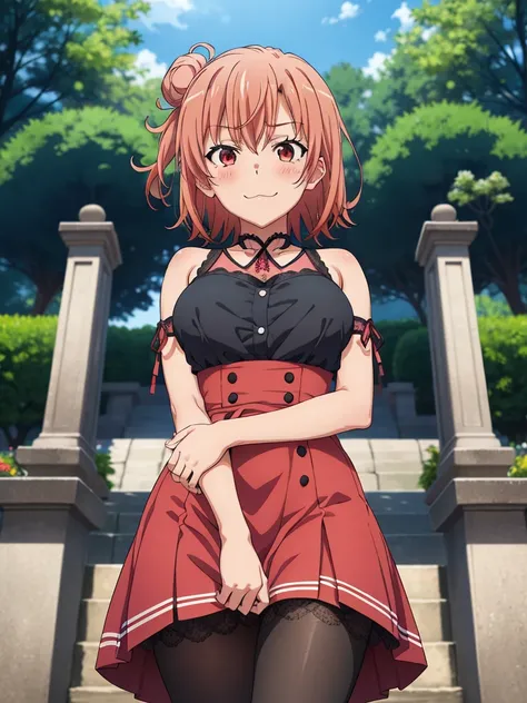 ((masutepiece, Best Quality, hight resolution, nffsw, Perfect Pixel, depth of fields, 4K, )), 1girl in, Solo, , Beautiful anime girl, Beautiful Art Style, 
garden background, 
Perfect body, smug face:1.5, breast grab:1.4, red lace short dress, black pantyh...