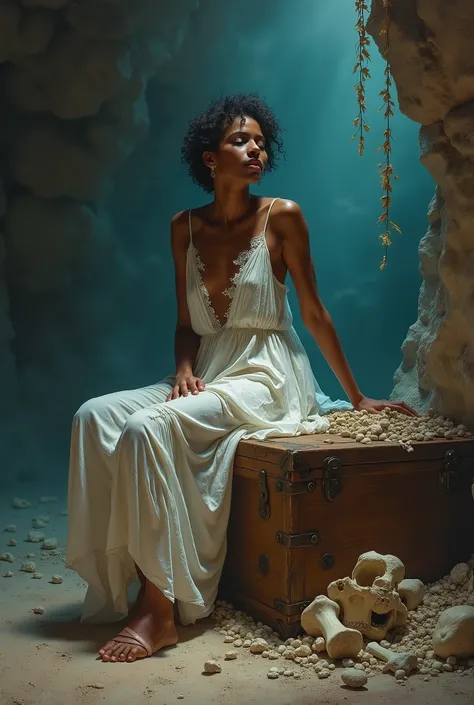 Une image imaginative, minutieusement détaillée, un court moment de calme. Une belle femme éthiopienne, la beauté Ethiopie sexy , à la peau foncée, vêtue dune robe blanche transparente, déchirée et sale, assise au sommet dun vieux coffre au trésor en bois ...