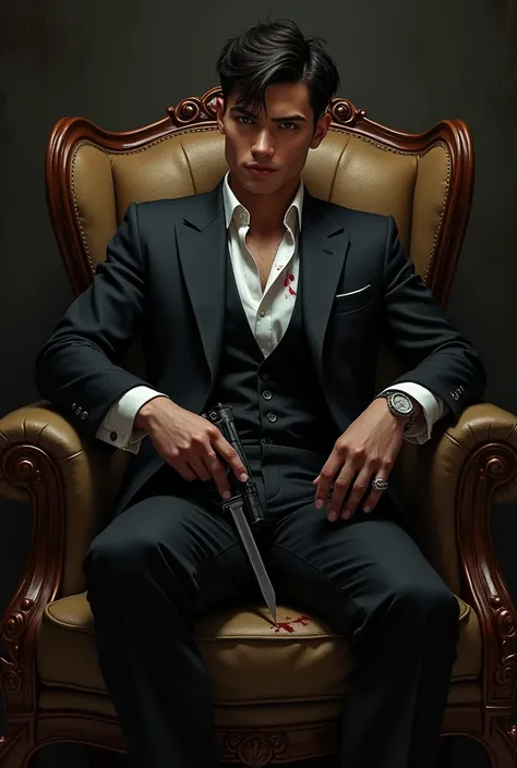 create the image of a handsome man with a handsome, striking face who exudes danger, He holds a knife and has a beautiful body and a determined look., He wears a suit, and also has a gun, and there is blood on the clothes. realistic image, he is sitting in...